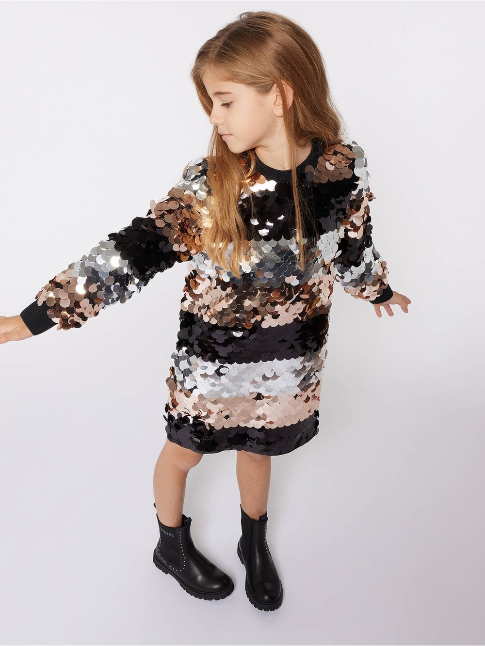 Sonia Rykiel Paris Sequin Striped Dress in Black, Silver & Rose Gold - Size 8